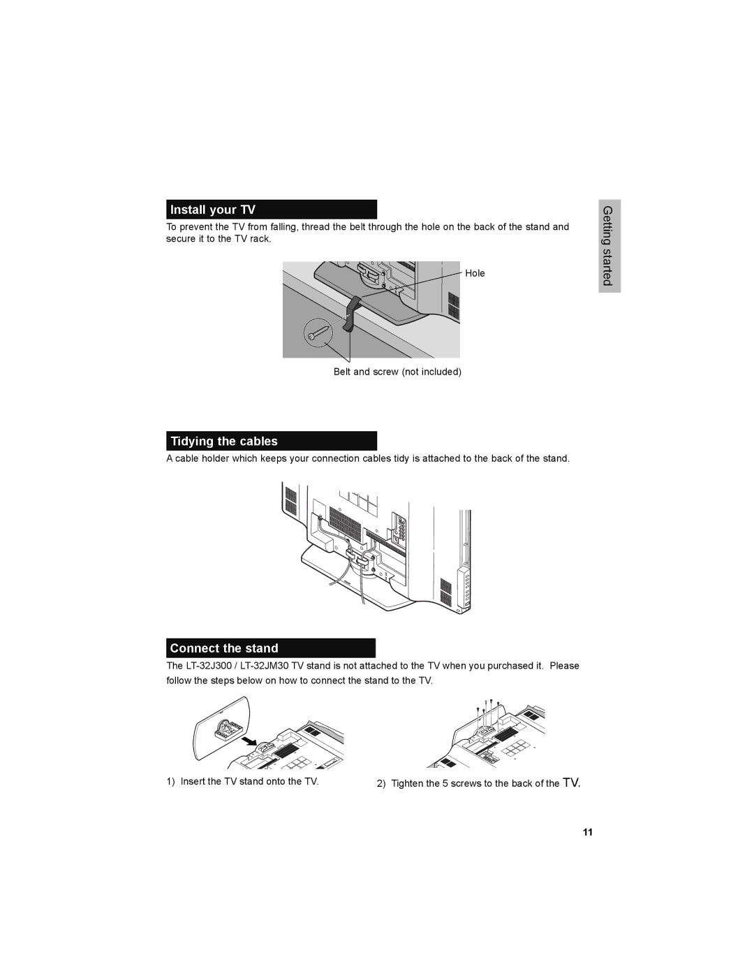 JVC LT-32JM30 manual Install your TV, Tidying the cables, Connect the stand 