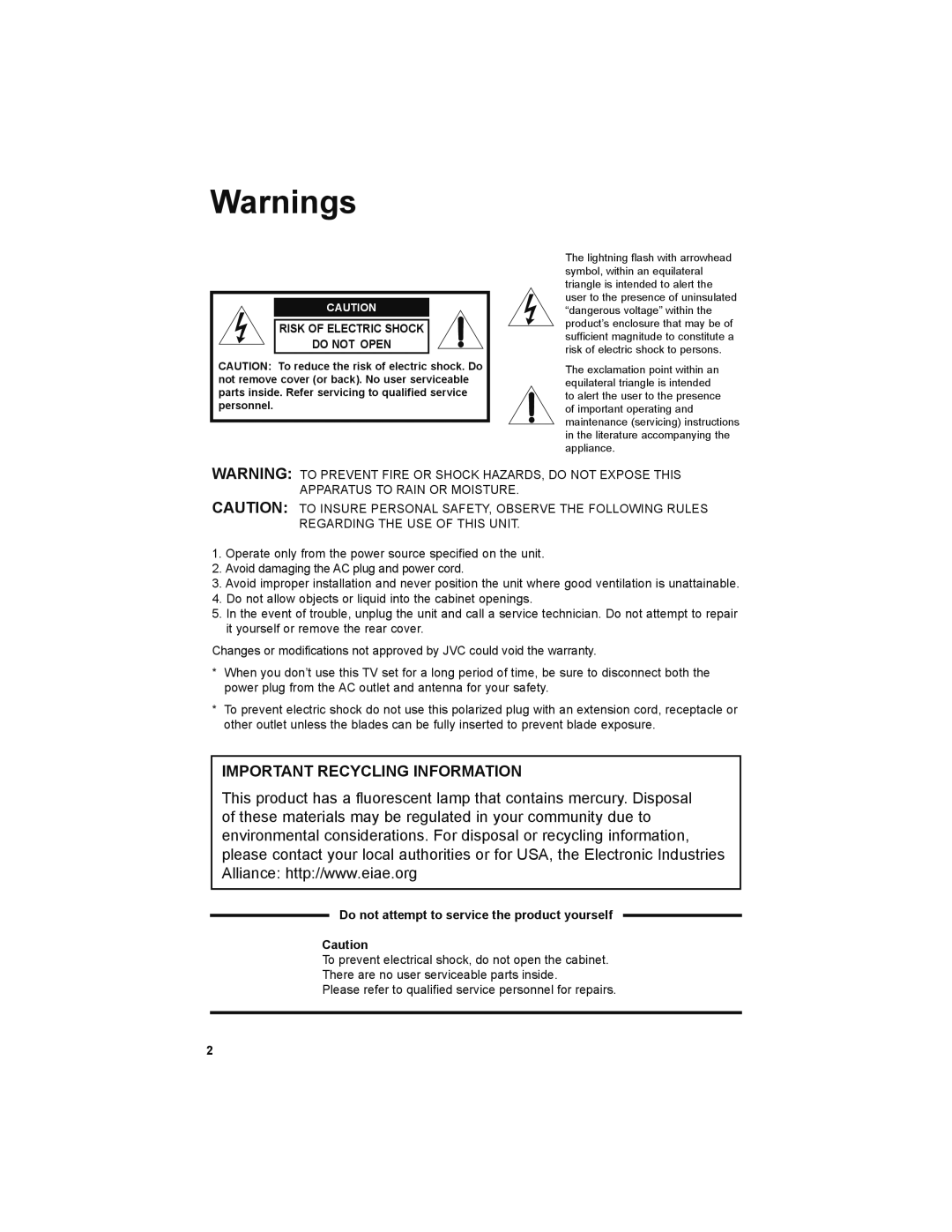 JVC LT-32JM30 manual Do not attempt to service the product yourself, Risk of Electric Shock Do not Open 