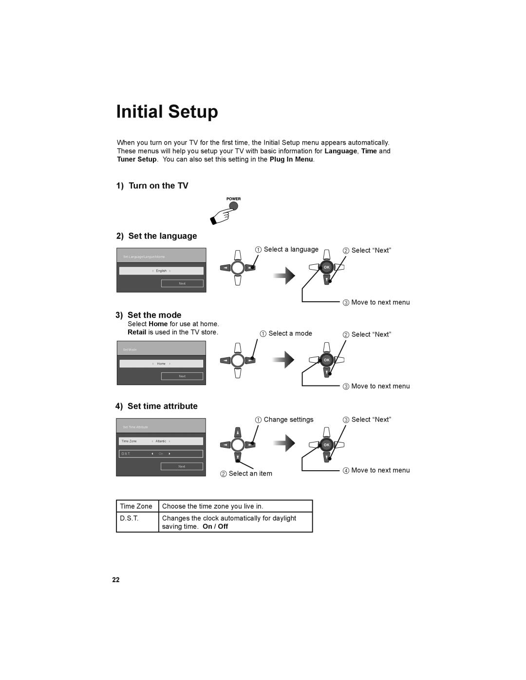 JVC LT-32JM30 manual Initial Setup, Turn on the TV Set the language, Set the mode, Set time attribute 