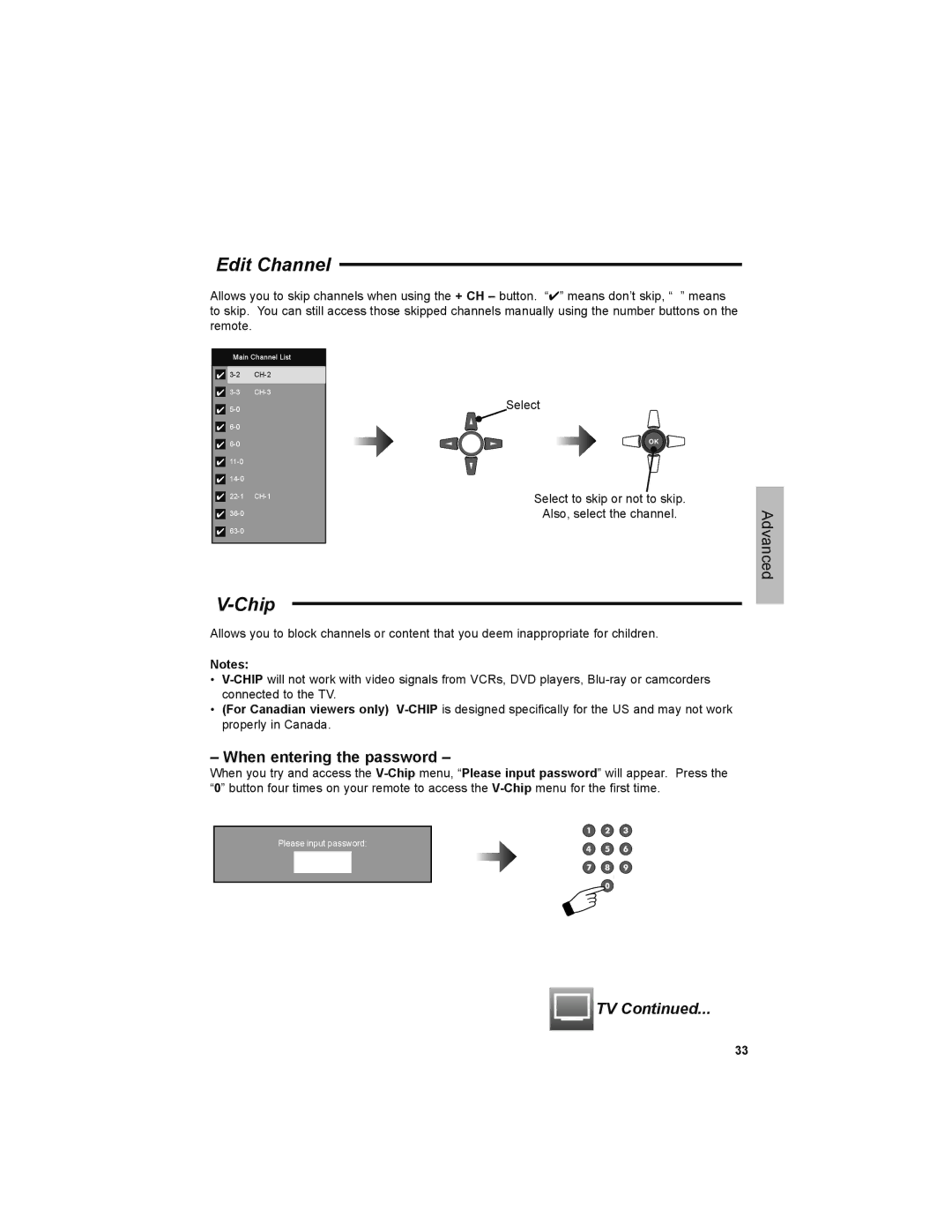 JVC LT-32JM30 manual Edit Channel, Chip, When entering the password 