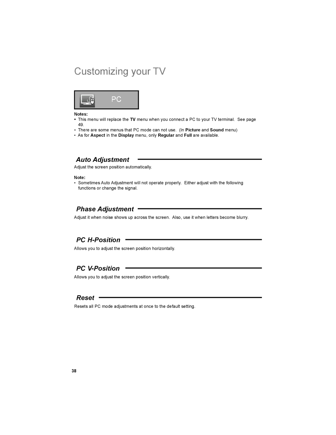 JVC LT-32JM30 manual Auto Adjustment, Phase Adjustment, PC H-Position, PC V-Position, Reset 