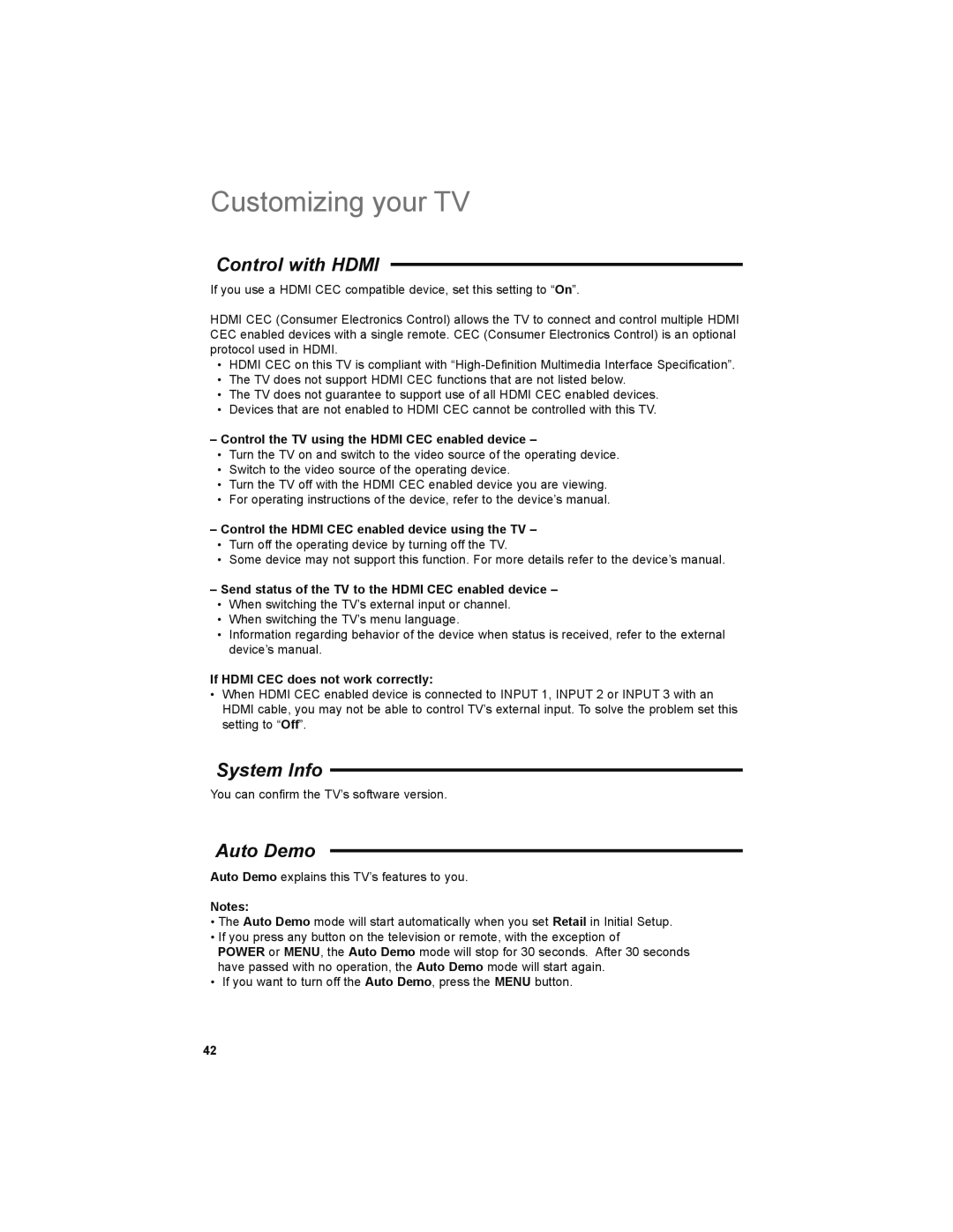 JVC LT-32JM30 manual Control with Hdmi, System Info, Auto Demo 