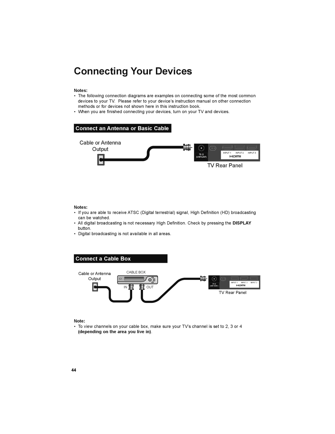 JVC LT-32JM30 manual Connect an Antenna or Basic Cable, Connect a Cable Box 