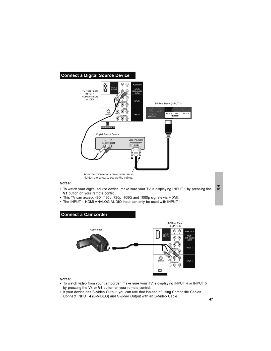 JVC LT-32JM30 manual Connect a Digital Source Device, Connect a Camcorder 