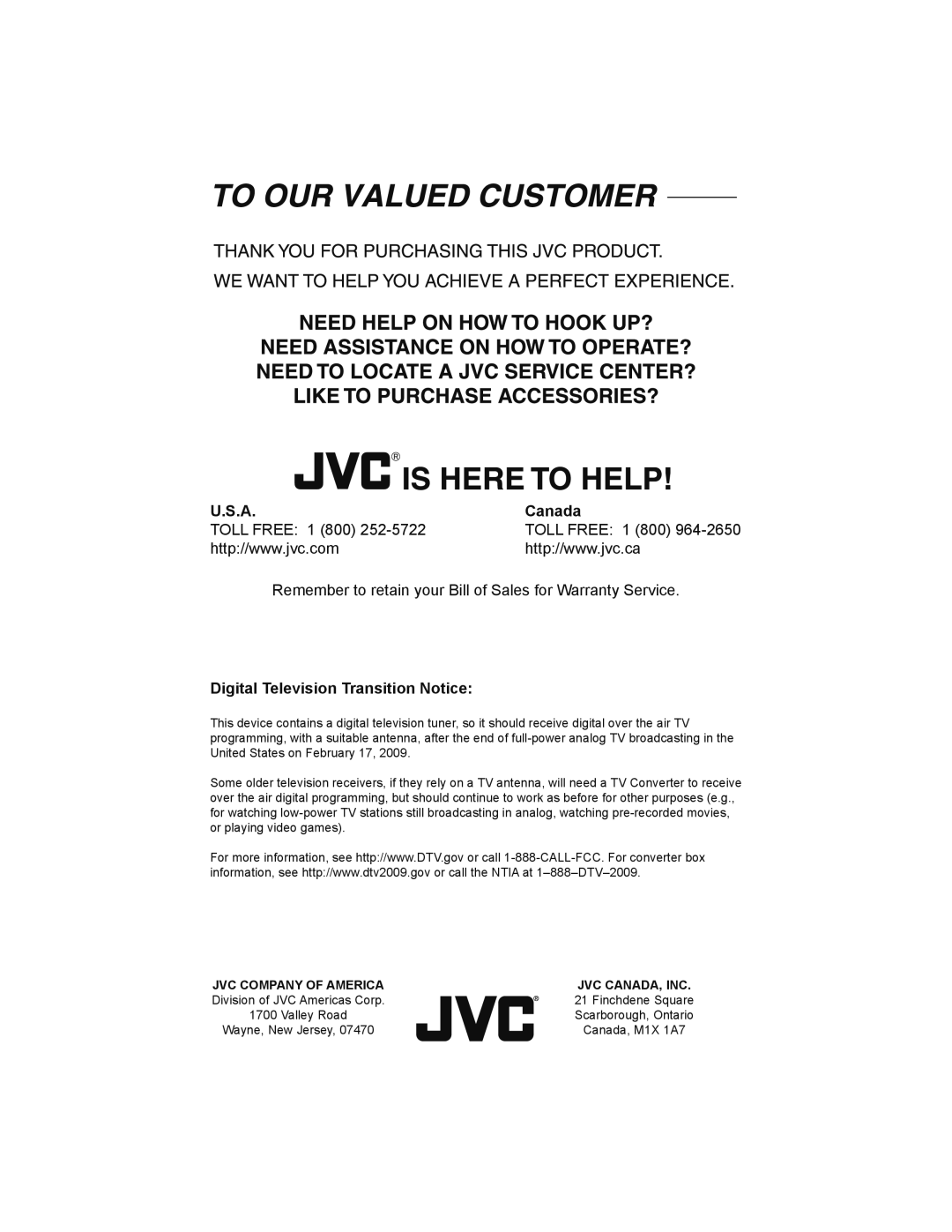 JVC LT-32JM30 manual Canada, Digital Television Transition Notice 