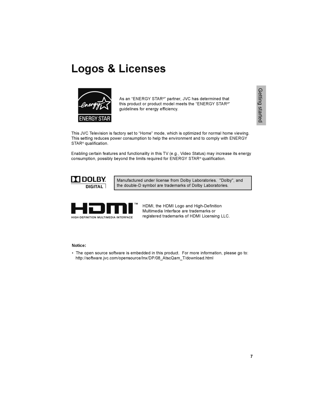 JVC LT-32JM30 manual Logos & Licenses 