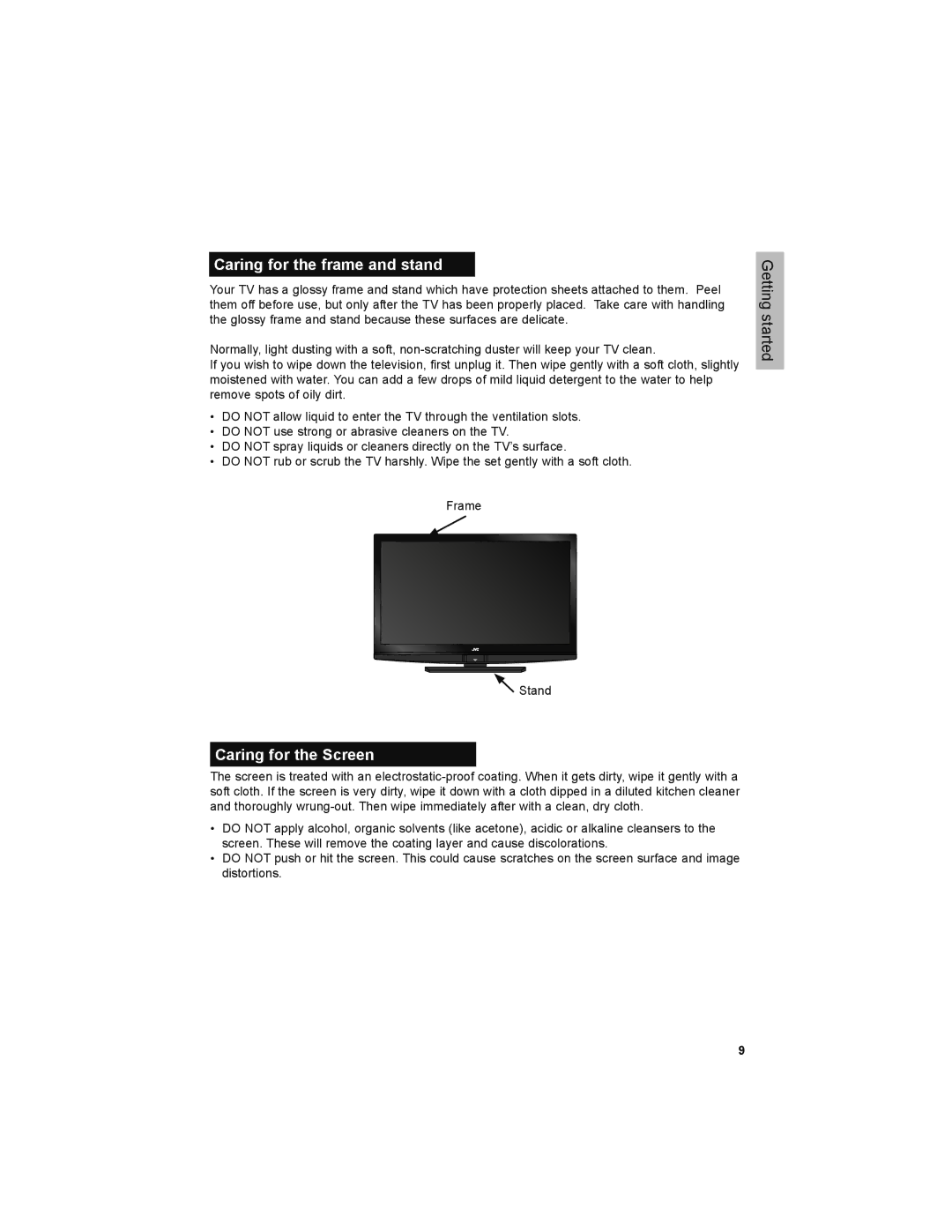 JVC LT-32JM30 manual Caring for the frame and stand, Caring for the Screen 