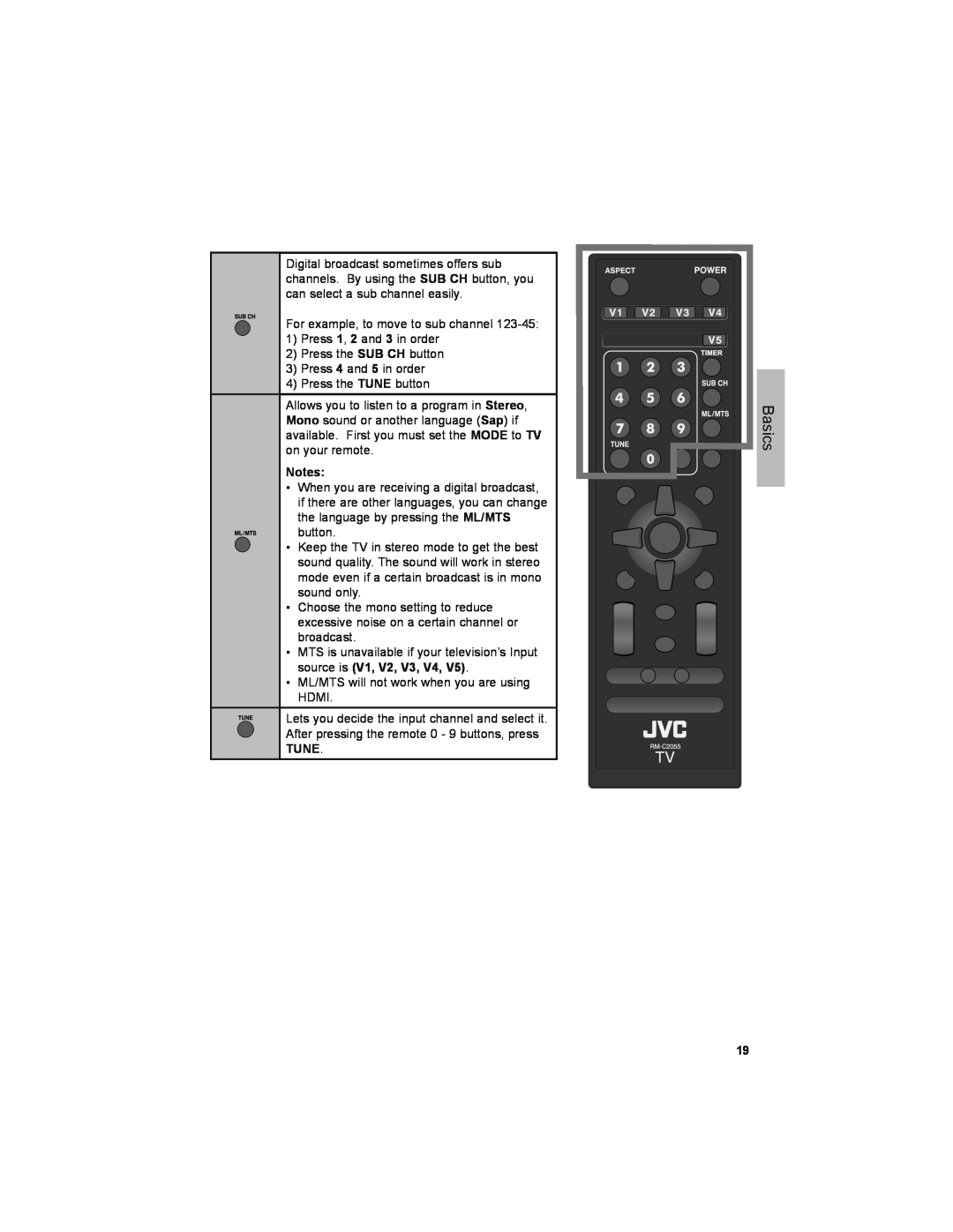 JVC LT-32JM30 manual Basics, For example, to move to sub channel 1 Press 1, 2 and 3 in order 
