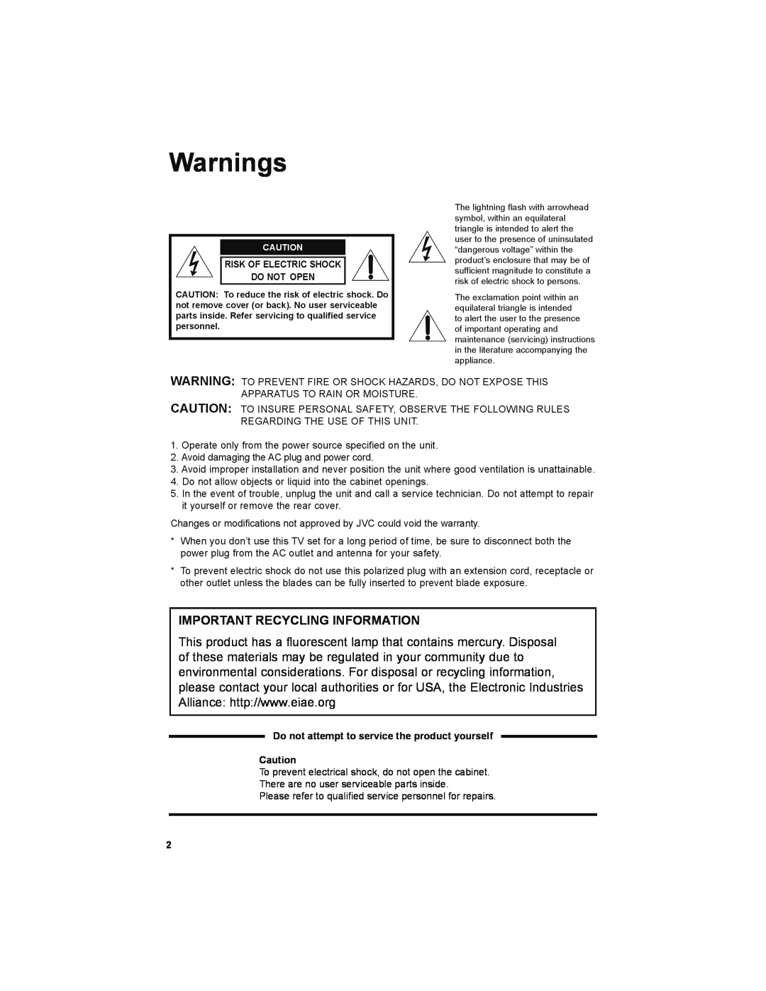 JVC LT-32JM30 manual Warnings, Important Recycling Information, Do not attempt to service the product yourself 