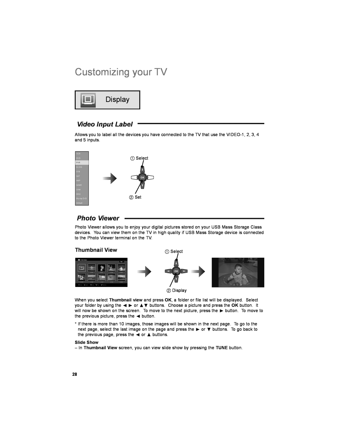JVC LT-32JM30 manual Display, Video Input Label, Photo Viewer, Customizing your TV, Slide Show 