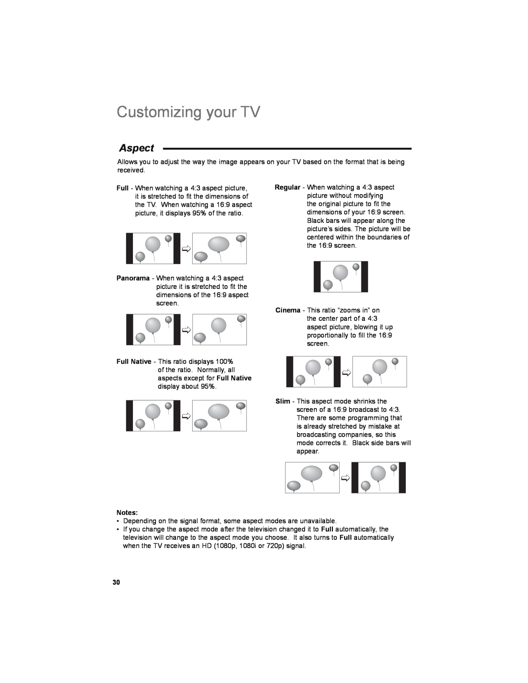 JVC LT-32JM30 manual Aspect, Customizing your TV 