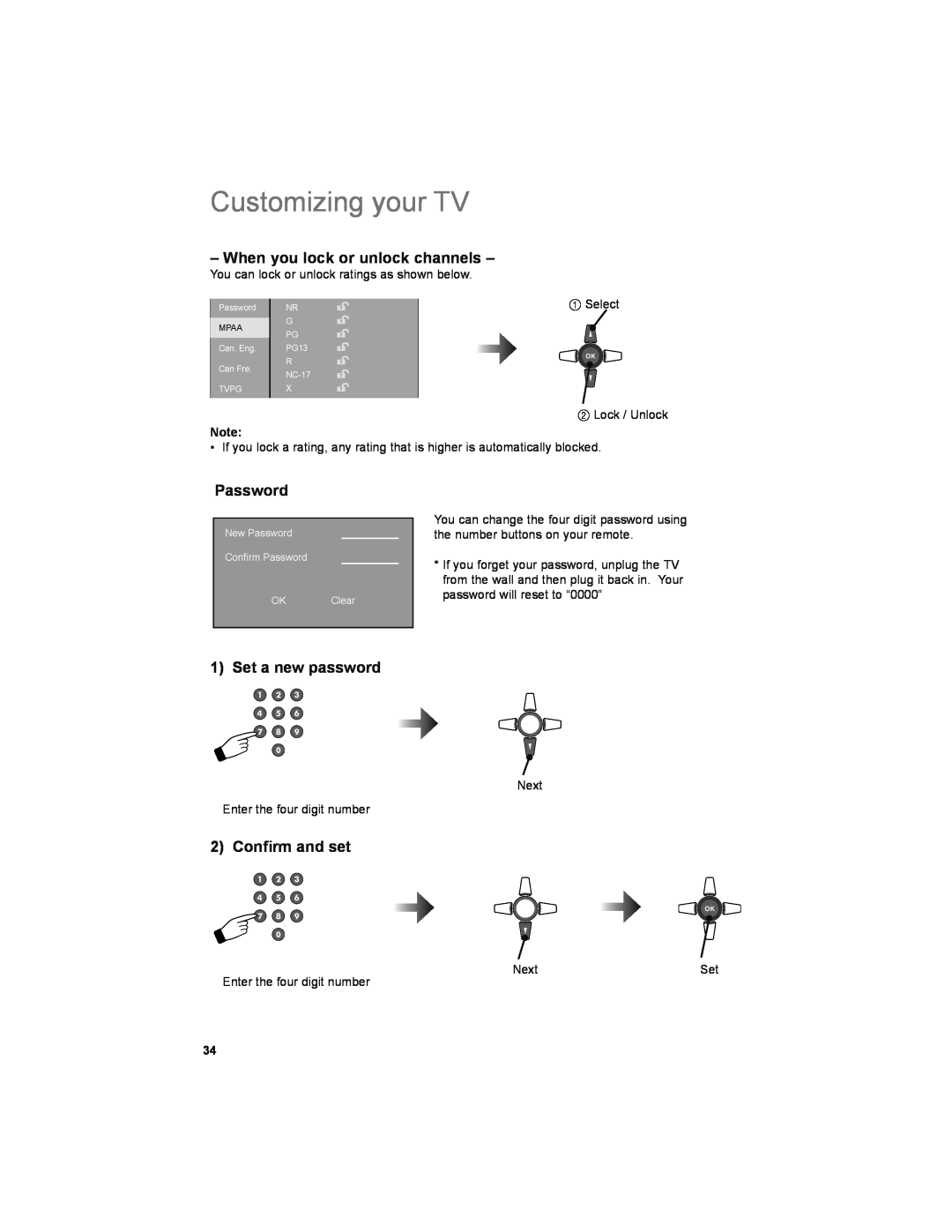 JVC LT-32JM30 manual Customizing your TV, When you lock or unlock channels, Password, Set a new password, 2 Conﬁrm and set 