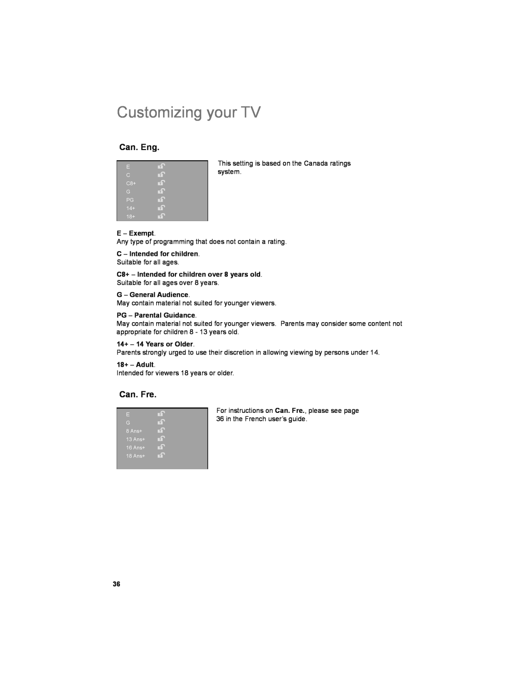 JVC LT-32JM30 Customizing your TV, E - Exempt, C - Intended for children, C8+ - Intended for children over 8 years old 