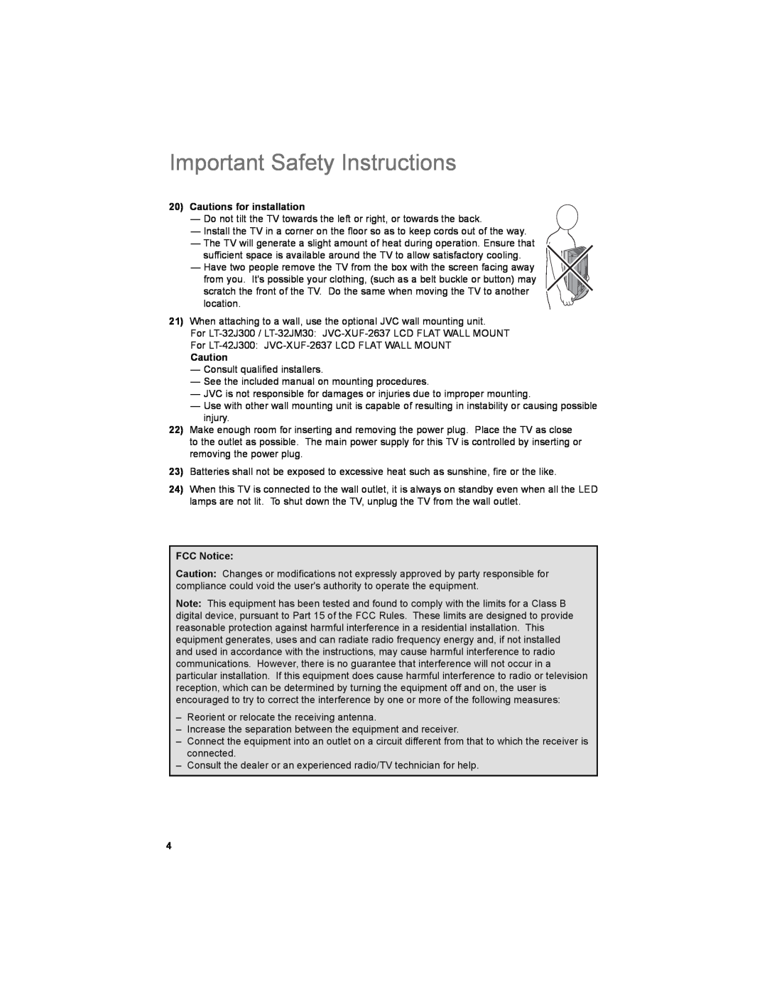 JVC LT-32JM30 manual Important Safety Instructions, Cautions for installation, FCC Notice 