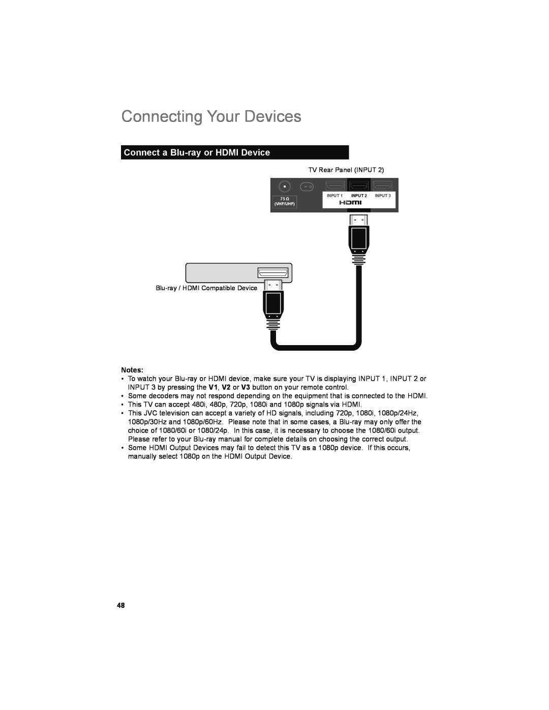 JVC LT-32JM30 manual Connect a Blu-ray or HDMI Device, Connecting Your Devices, TV Rear Panel INPUT 