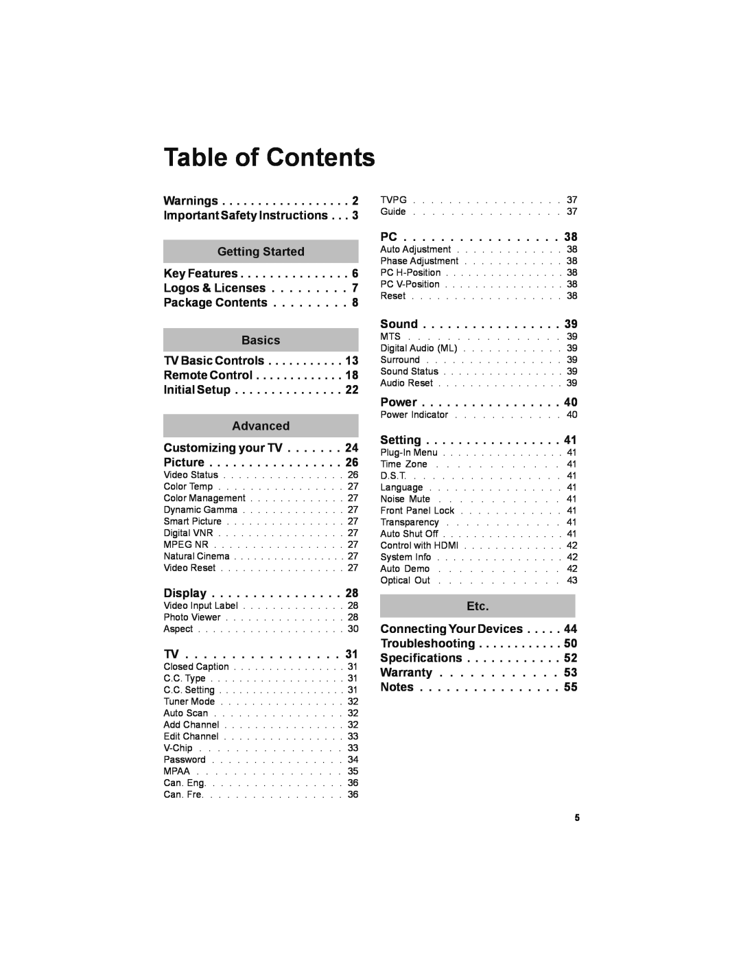 JVC LT-32JM30 manual Table of Contents 