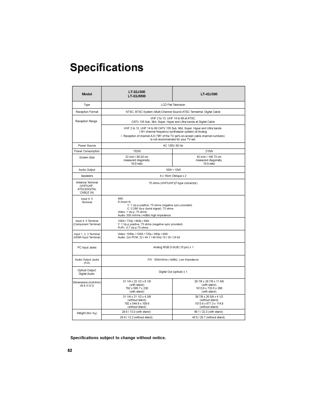 JVC LT-32JM30 manual Speciﬁcations, Specifications subject to change without notice, Model, LT-32J300, LT-42J300 
