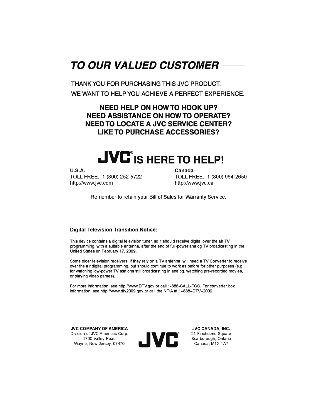 JVC LT-32JM30 manual TOLL FREE 1 800, Remember to retain your Bill of Sales for Warranty Service, U.S.A, Canada 