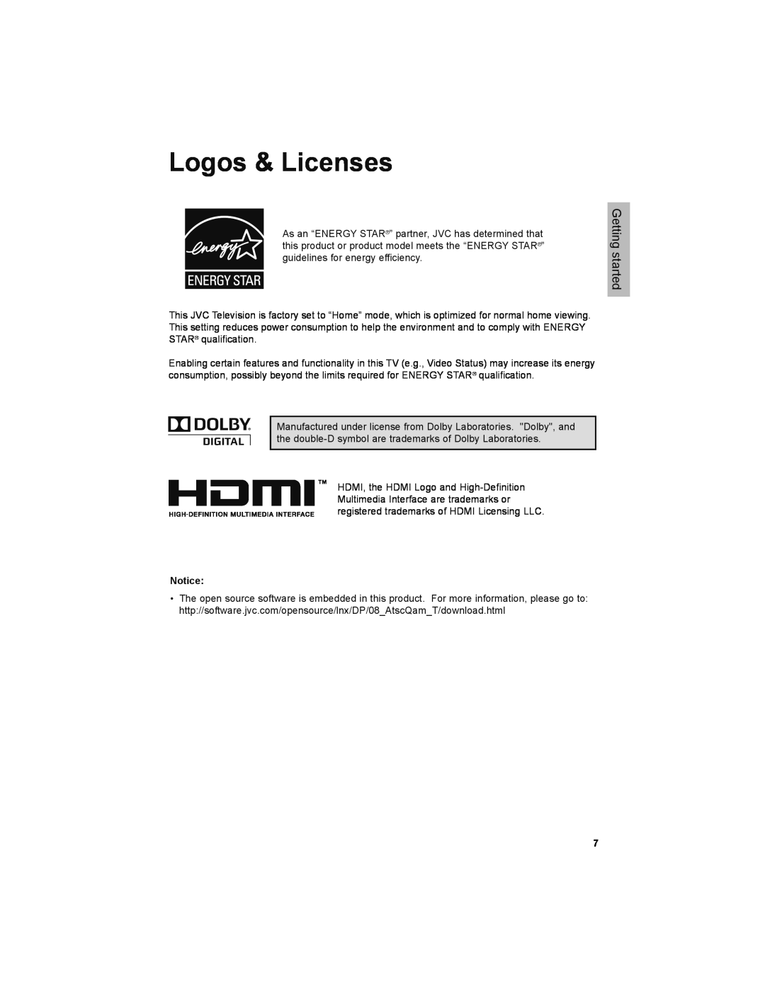 JVC LT-32JM30 manual Logos & Licenses, Getting started 