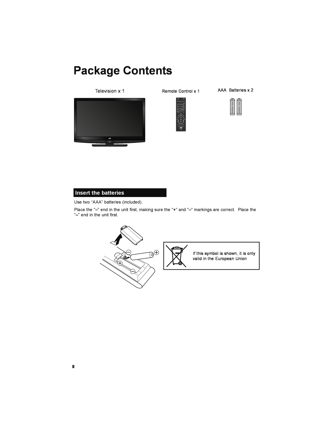 JVC LT-32JM30 manual Package Contents, Insert the batteries, Television x, AAA Batteries x, AAA Alkaline 