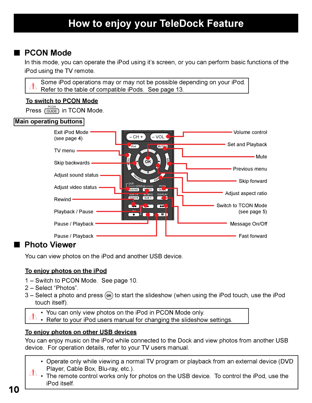 JVC LT-32P300 Photo Viewer, To switch to Pcon Mode, To enjoy photos on the iPod, To enjoy photos on other USB devices 