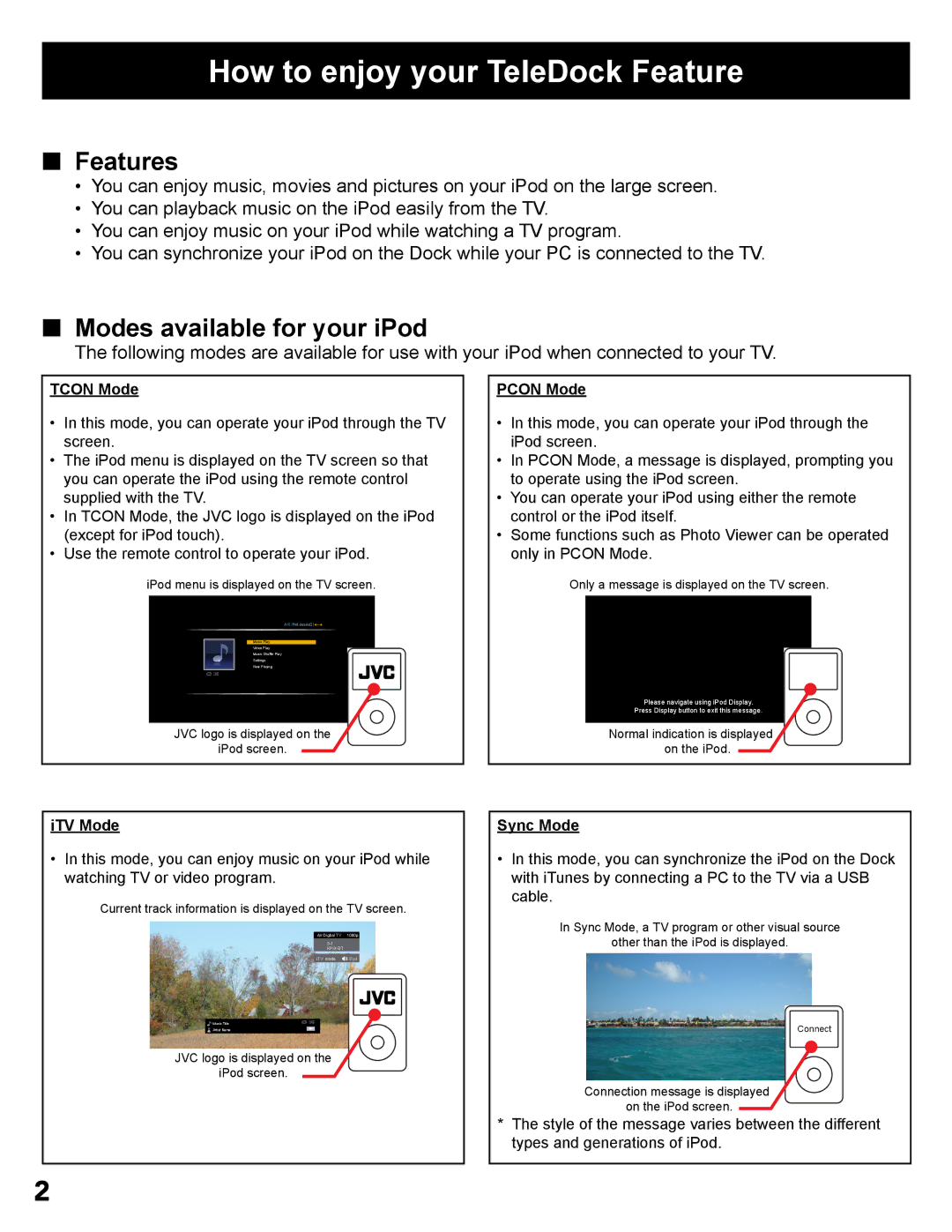 JVC LT-32P300 manual Features, Modes available for your iPod 