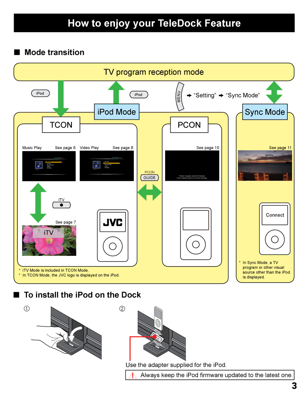 JVC LT-32P300 manual Mode transition, To install the iPod on the Dock 