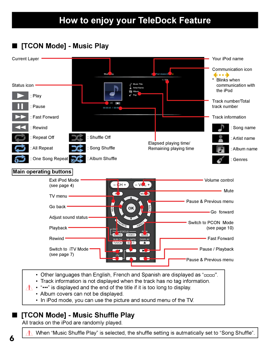 JVC LT-32P300 manual Tcon Mode Music Play, Tcon Mode Music Shufﬂe Play, Main operating buttons 