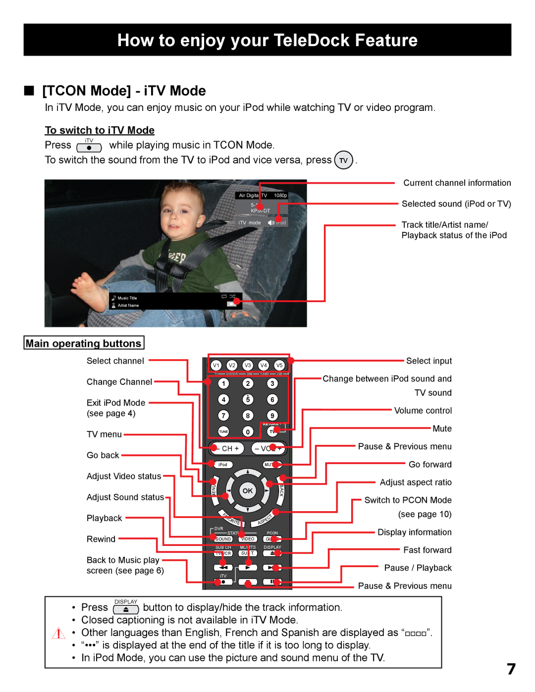 JVC LT-32P300 manual Tcon Mode iTV Mode, To switch to iTV Mode 