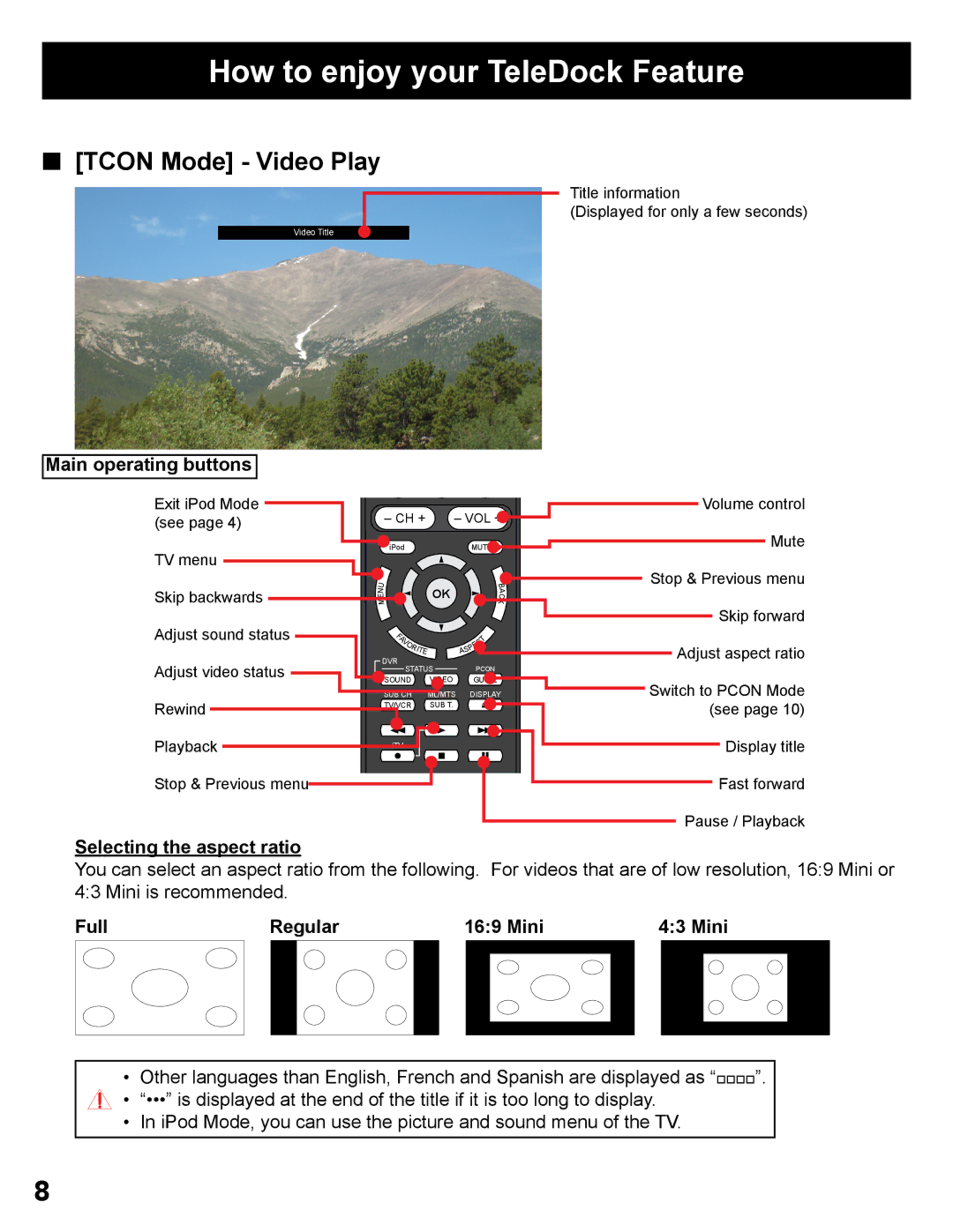 JVC LT-32P300 manual Tcon Mode Video Play, Selecting the aspect ratio, Full Regular Mini 