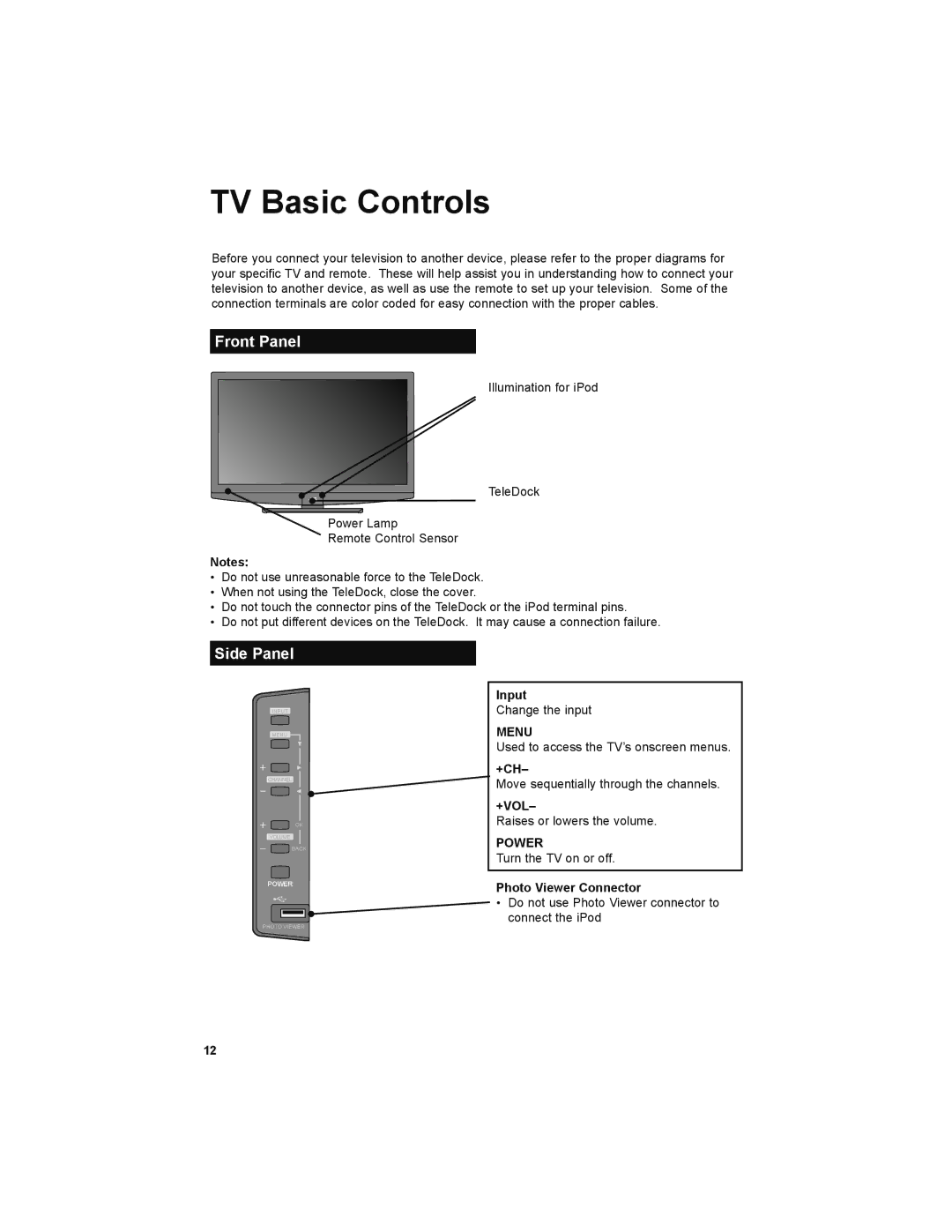 JVC LT-32P679 manual TV Basic Controls, Front Panel, Side Panel 