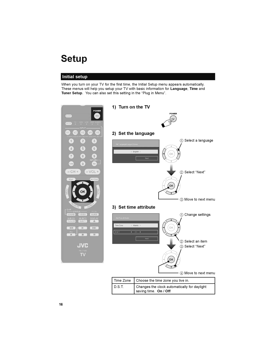 JVC LT-32P679 manual Setup, Initial setup, Turn on the TV Set the language, Set time attribute 