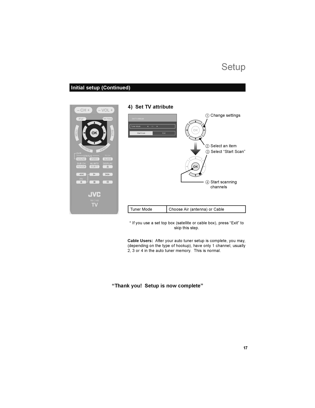 JVC LT-32P679 manual Set TV attribute, Thank you! Setup is now complete 