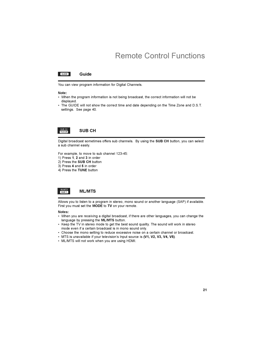 JVC LT-32P679 manual Guide, Sub Ch 