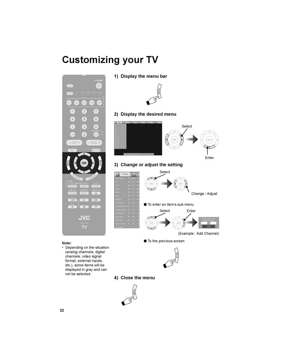 JVC LT-32P679 manual Customizing your TV, Display the menu bar Display the desired menu, Change or adjust the setting 