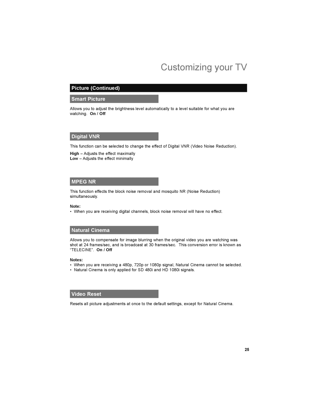 JVC LT-32P679 manual Picture Smart Picture, Digital VNR, Natural Cinema, Video Reset 