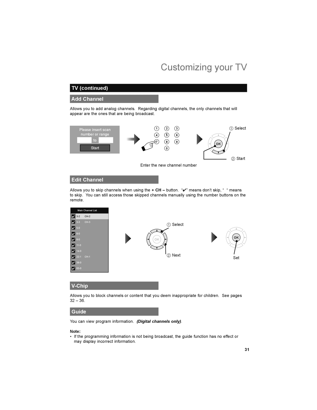 JVC LT-32P679 manual Add Channel, Edit Channel, Chip, Guide, Select 