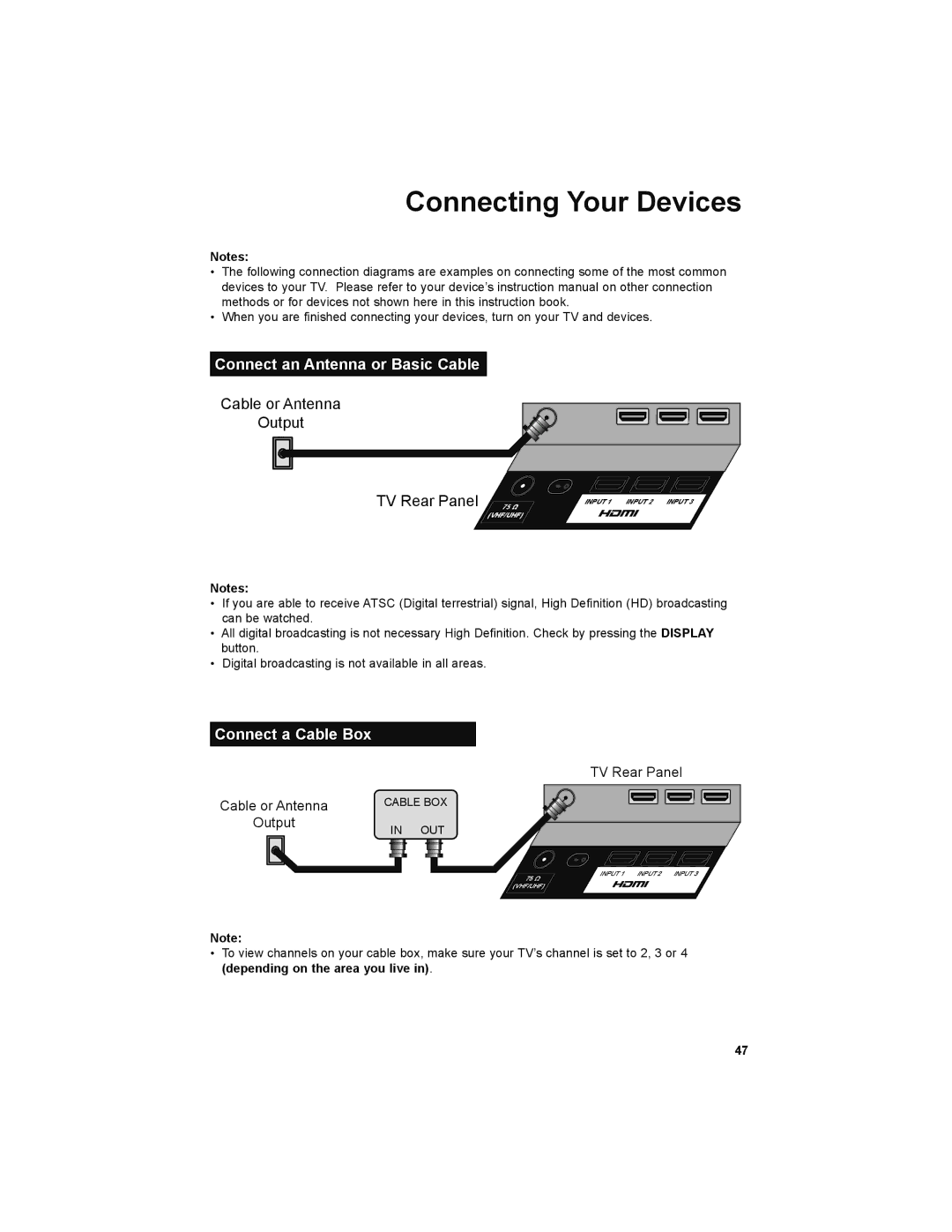 JVC LT-32P679 manual Connect an Antenna or Basic Cable, Connect a Cable Box 