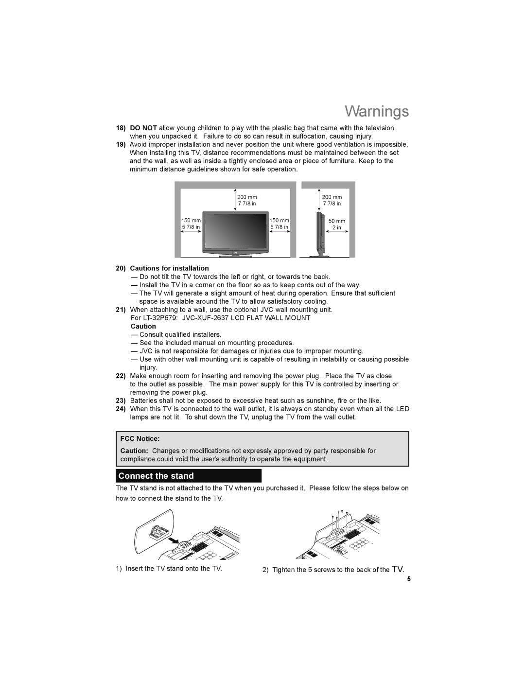 JVC LT-32P679 manual Connect the stand, FCC Notice 