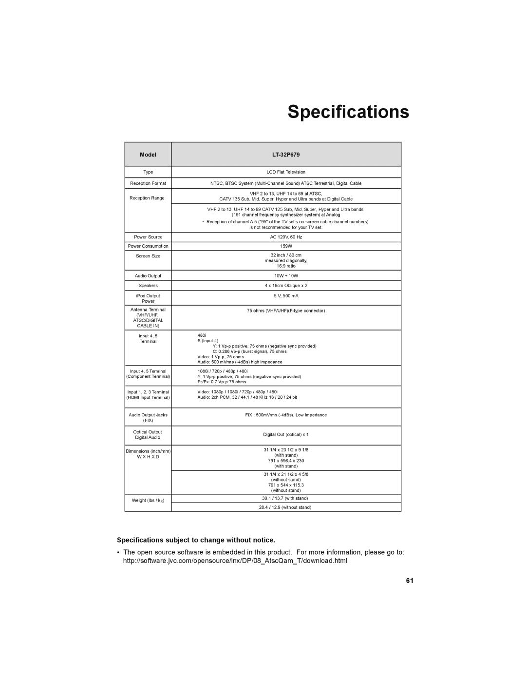 JVC LT-32P679 manual Speciﬁcations, Specifications subject to change without notice 