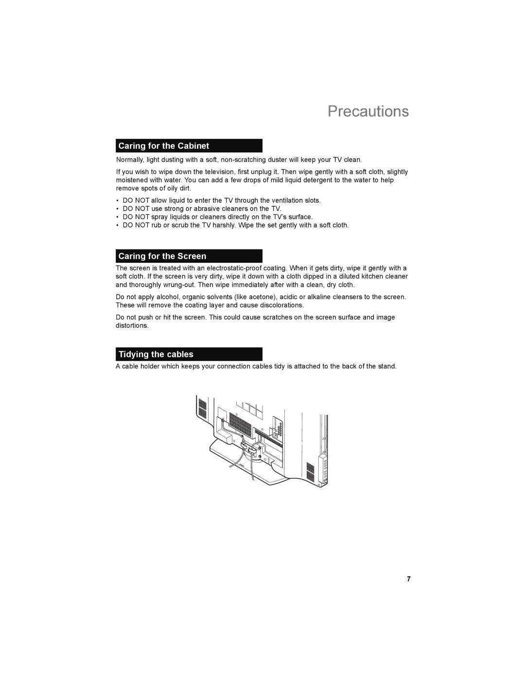 JVC LT-32P679 manual Precautions, Caring for the Cabinet, Caring for the Screen, Tidying the cables 