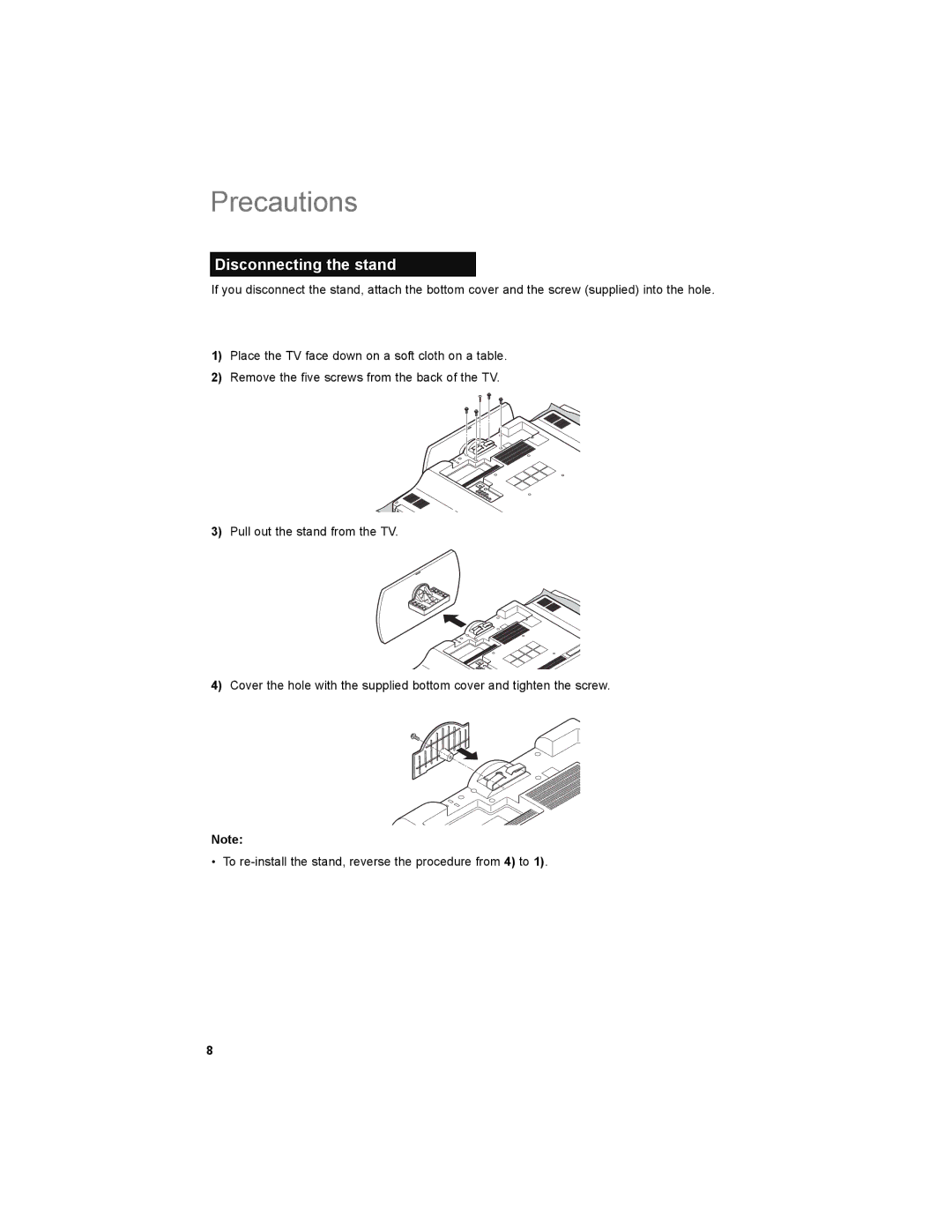 JVC LT-32P679 manual Disconnecting the stand 