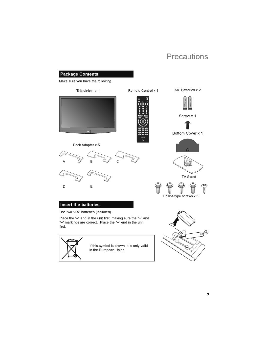 JVC LT-32P679 manual Package Contents, Insert the batteries 