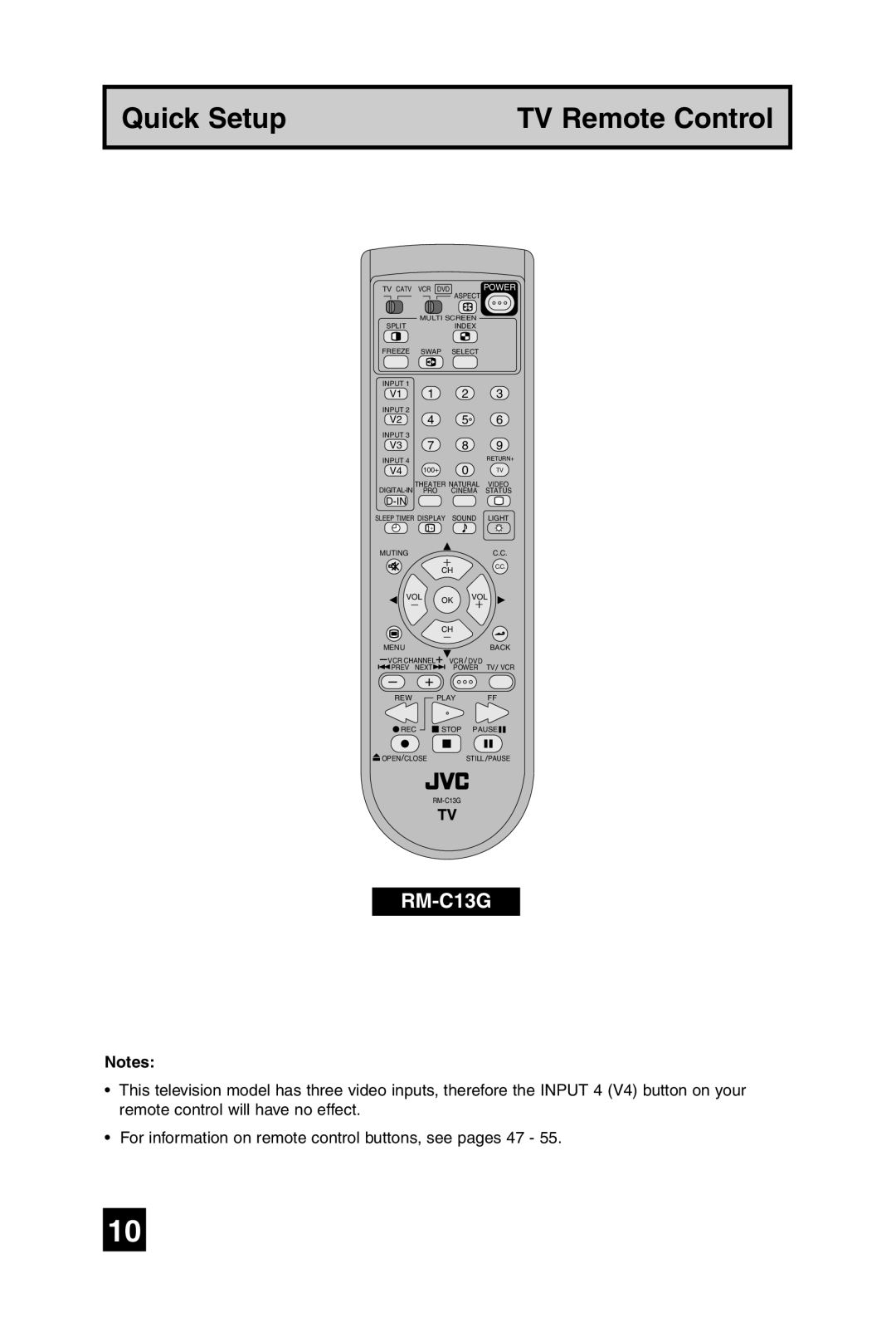 JVC LT-32WX84 manual Quick Setup TV Remote Control 