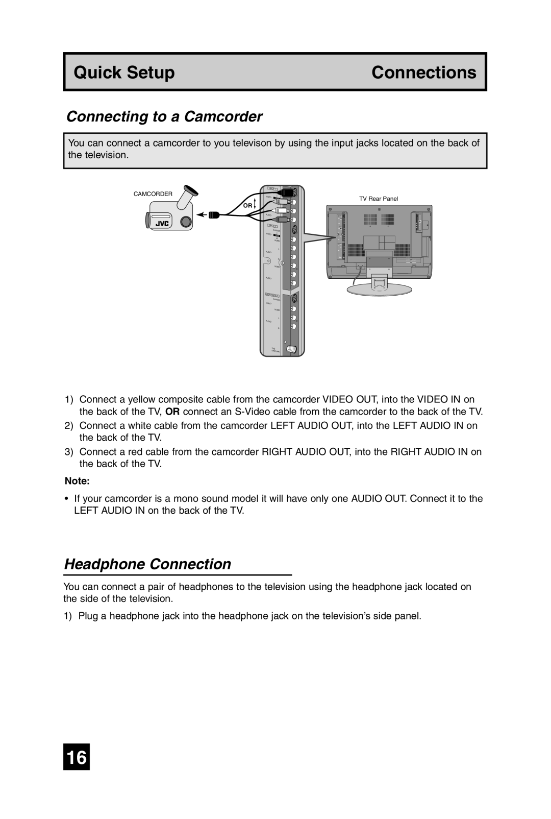 JVC LT-32WX84 manual Connecting to a Camcorder, Headphone Connection 