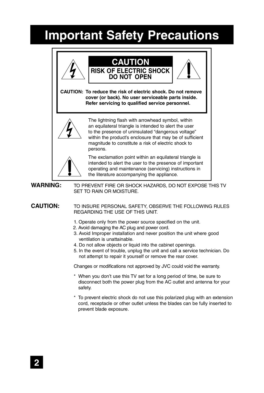 JVC LT-32WX84 manual Important Safety Precautions, Risk of Electric Shock Do not Open 