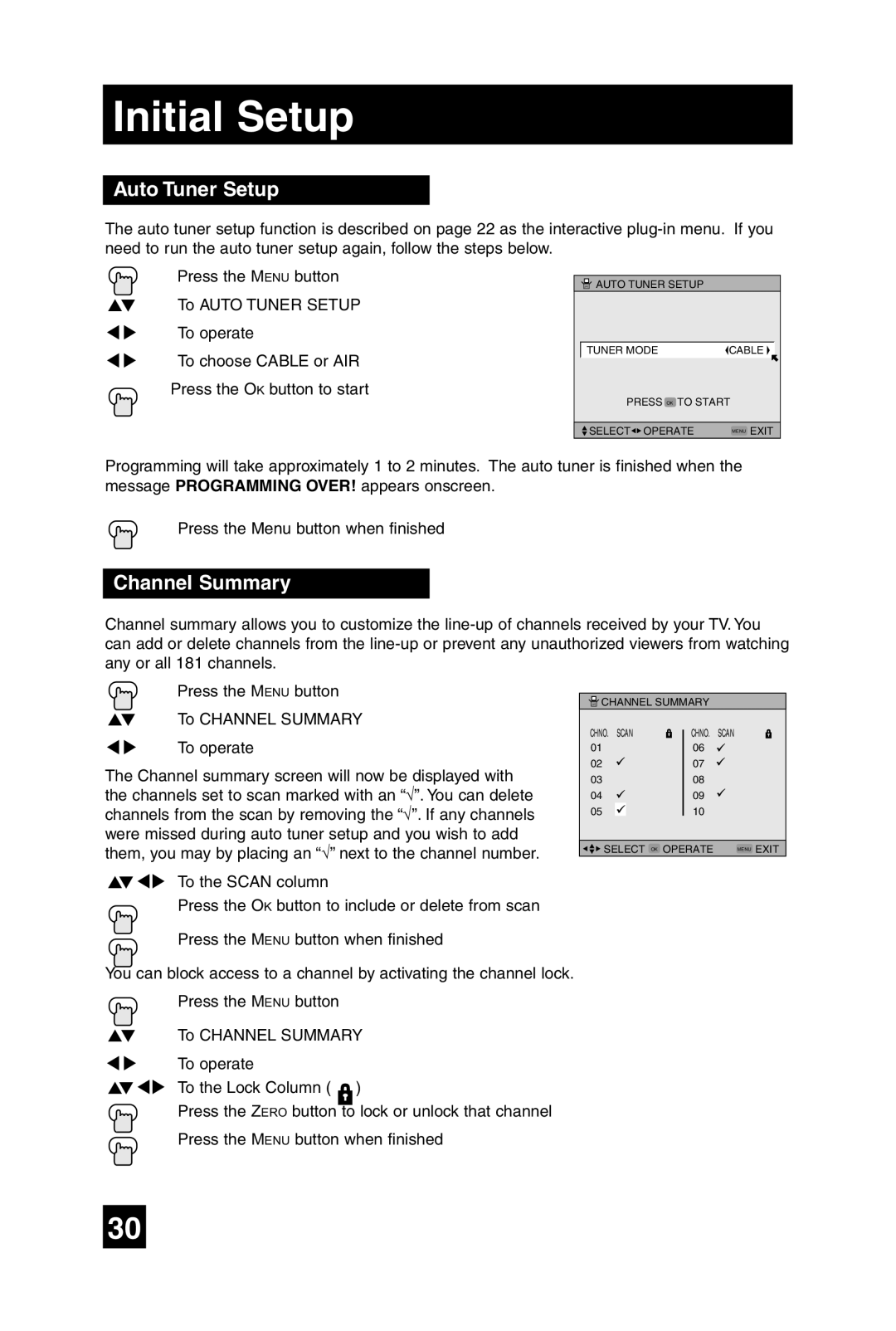 JVC LT-32WX84 manual Initial Setup, Auto Tuner Setup, Channel Summary 