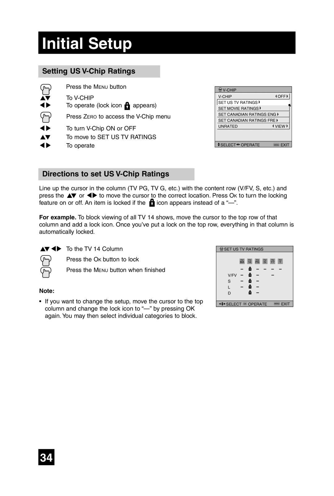 JVC LT-32WX84 manual Setting US V-Chip Ratings, Directions to set US V-Chip Ratings 