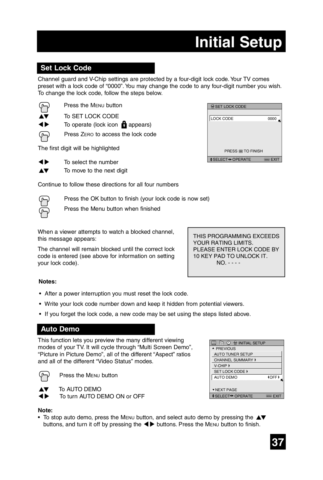 JVC LT-32WX84 manual Set Lock Code, Auto Demo 