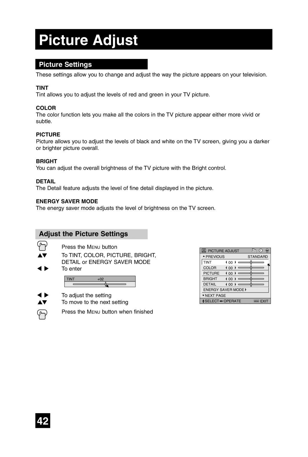 JVC LT-32WX84 manual Picture Adjust, Adjust the Picture Settings 